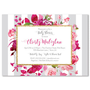 "Christy" Gray Stripe + Pink Roses Baby Shower Invitation