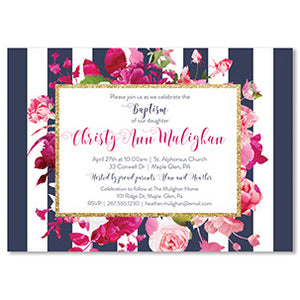 "Christy" Navy Stripe + Pink Roses Baptism Invitation