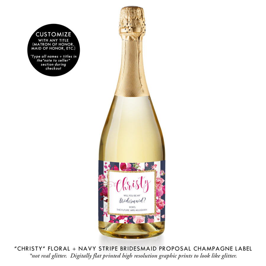 "Christy" Floral + Navy Stripe Bridesmaid Proposal Champagne Labels