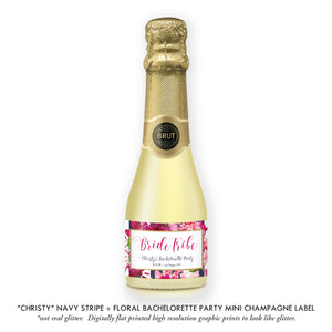 "Christy" Floral + Navy Stripe Bachelorette Party Champagne Labels