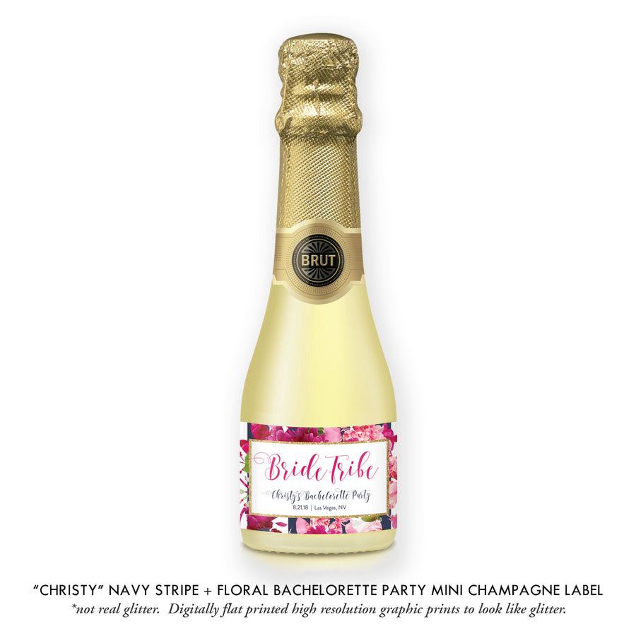 "Christy" Floral + Navy Stripe Bachelorette Party Champagne Labels