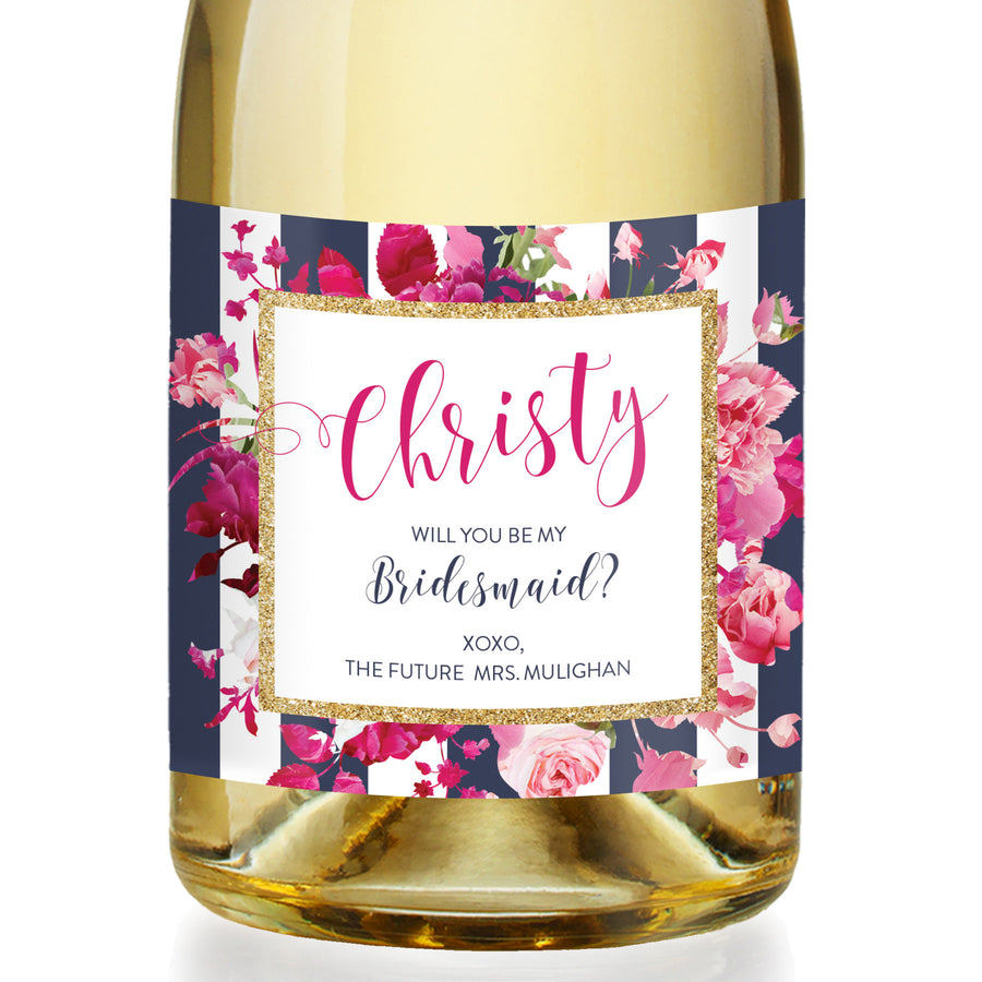 "Christy" Floral + Navy Stripe Bridesmaid Proposal Champagne Labels