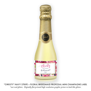 "Christy" Floral + Navy Stripe Bridesmaid Proposal Champagne Labels