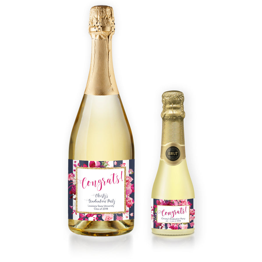 "Christy" Floral + Navy Stripe Graduation Champagne Labels