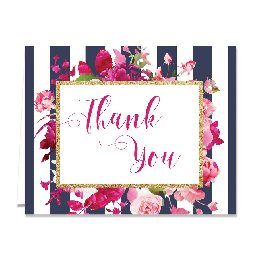 "Christy" Navy Stripe + Pink Roses Thank You Card