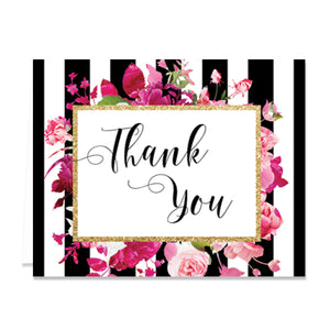 "Christy" Black Stripe + Pink Roses Thank You Card