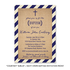 "Courtney" Burlap + Navy Stripe Baptism Invitation