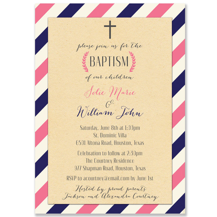 "Courtney" Pink +Navy Stripe Baptism Invitation
