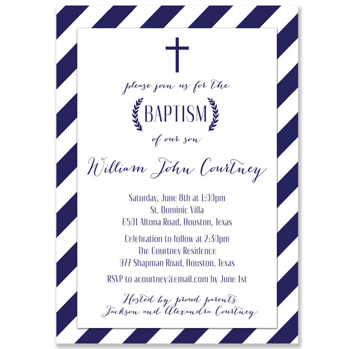 "Courtney" Navy Stripe Baptism Invitation