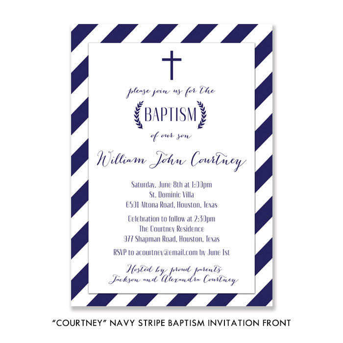 "Courtney" Navy Stripe Baptism Invitation