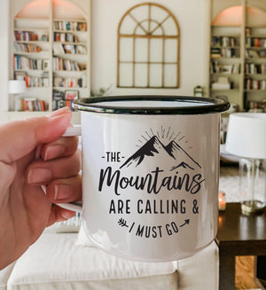 The Mountains Are Calling Black Rim Camper Mug