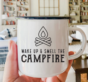 Wake Up & Smell The Campfire Black Rim Camper Mug