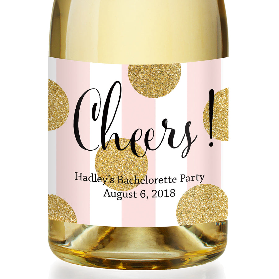 "Damaris" Pink Stripe + Gold Dot Bachelorette Party Champagne Labels