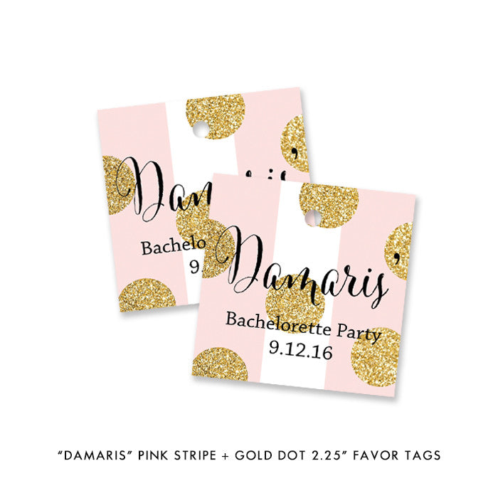 Pink stripe + gold glitter dots "Damaris" favor tags | digibuddha.com