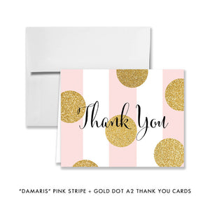 Pink stripe + gold glitter dots "Damaris" folded A2 thank you cards | digibuddha.com