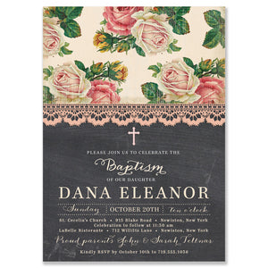 "Dana" Pink Rose + Chalkboard Baptism Invitation