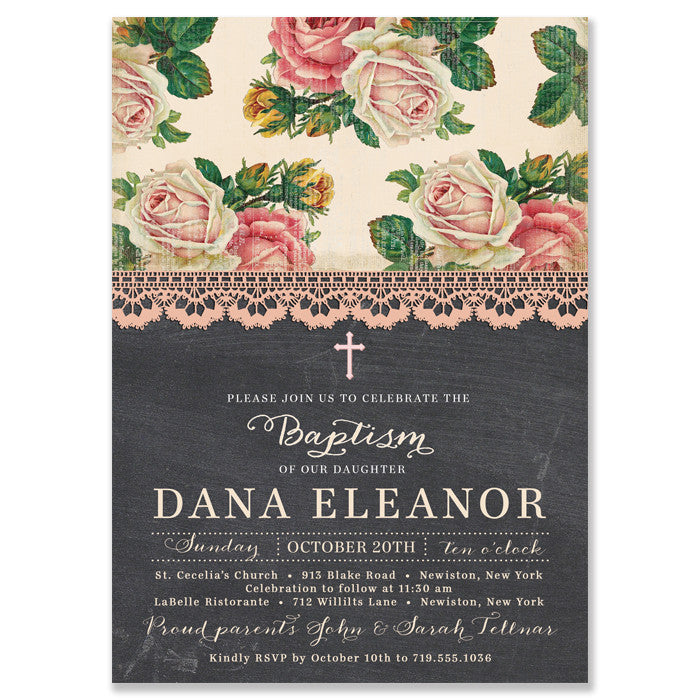 "Dana" Pink Rose + Chalkboard Baptism Invitation