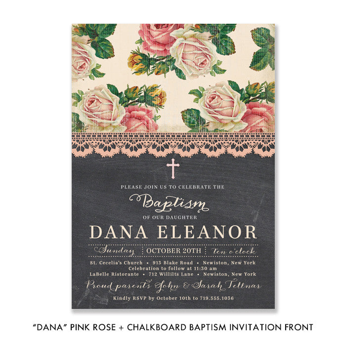 "Dana" Pink Rose + Chalkboard Baptism Invitation