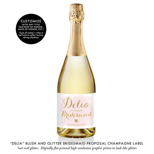 "Delia" Blush + Gold Bridesmaid Proposal Champagne Labels