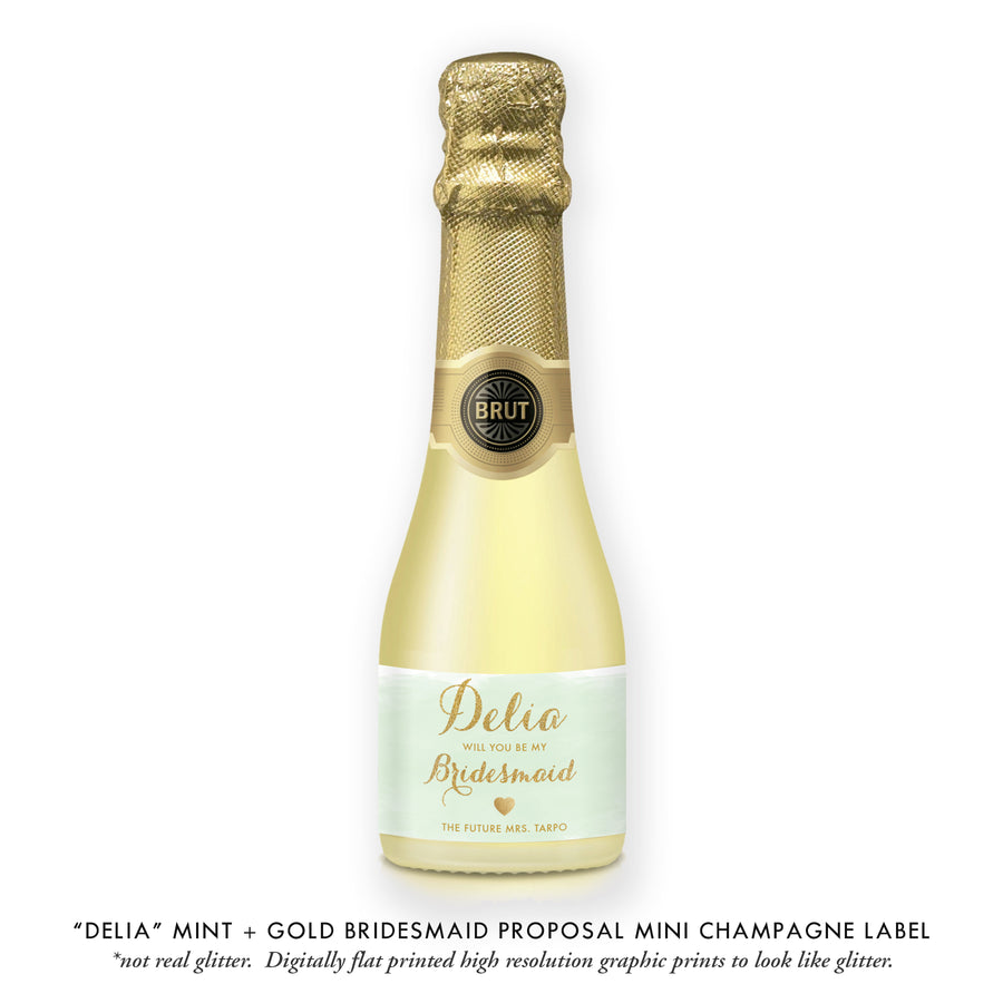 "Delia" Mint + Gold Bridesmaid Proposal Champagne Labels