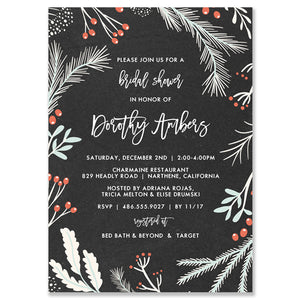 Winter White and Chalkboard Bridal Shower Invitation with pine and hollies, perfect for a festive winter wedding celebration.
