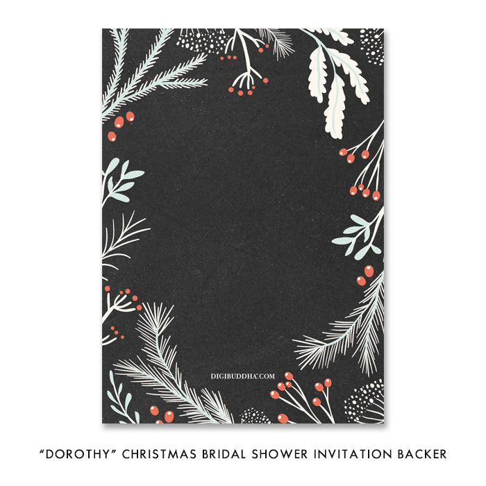 Winter White and Chalkboard Bridal Shower Invitation with pine and hollies, perfect for a festive winter wedding celebration.