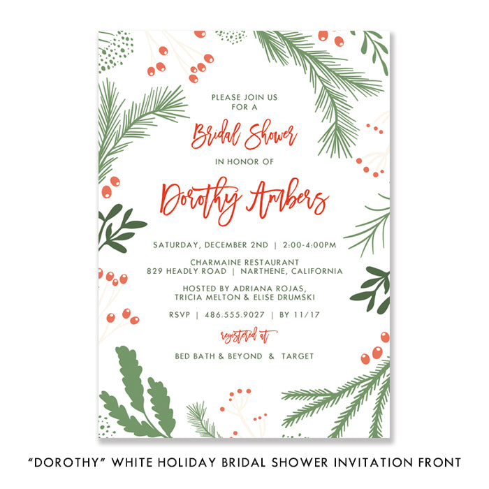 Festive Pine and Holly Bridal Shower Invitation in elegant green, red, and winter white design, perfect for Christmas.