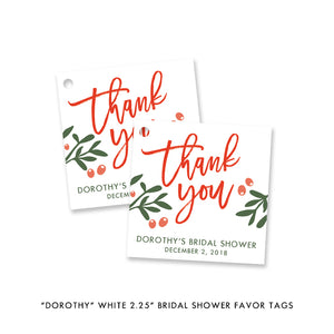 Festive Pine and Holly Bridal Shower Invitation in elegant green, red, and winter white design, perfect for Christmas.
