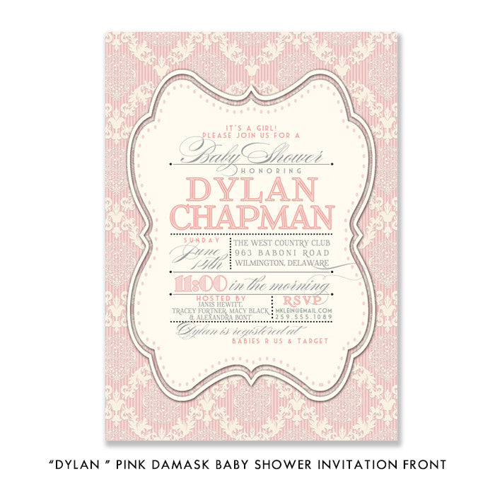 "Dylan" Pink Damask Baby Shower Invitation