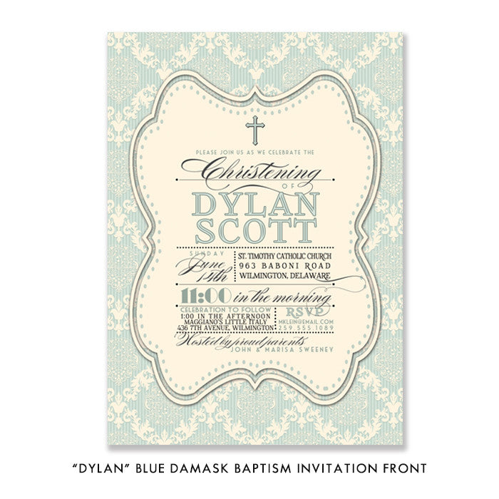 "Dylan" Blue Damask Christening Invitation