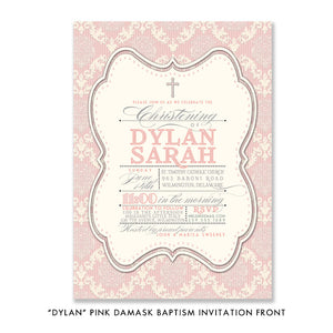 "Dylan" Pink Damask Christening Invitation
