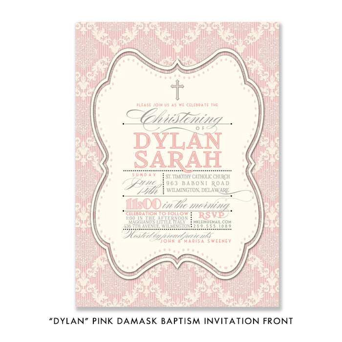 "Dylan" Pink Damask Christening Invitation