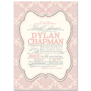 "Dylan" Pink Damask Baby Shower Invitation