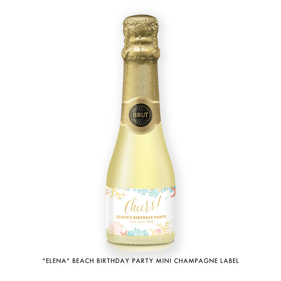 "Elena" Beach Birthday Party Champagne Labels