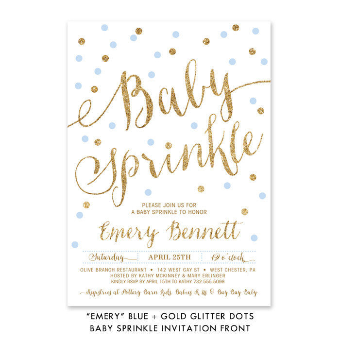 "Emery" Blue + Gold Glitter Dots Baby Sprinkle Invitation