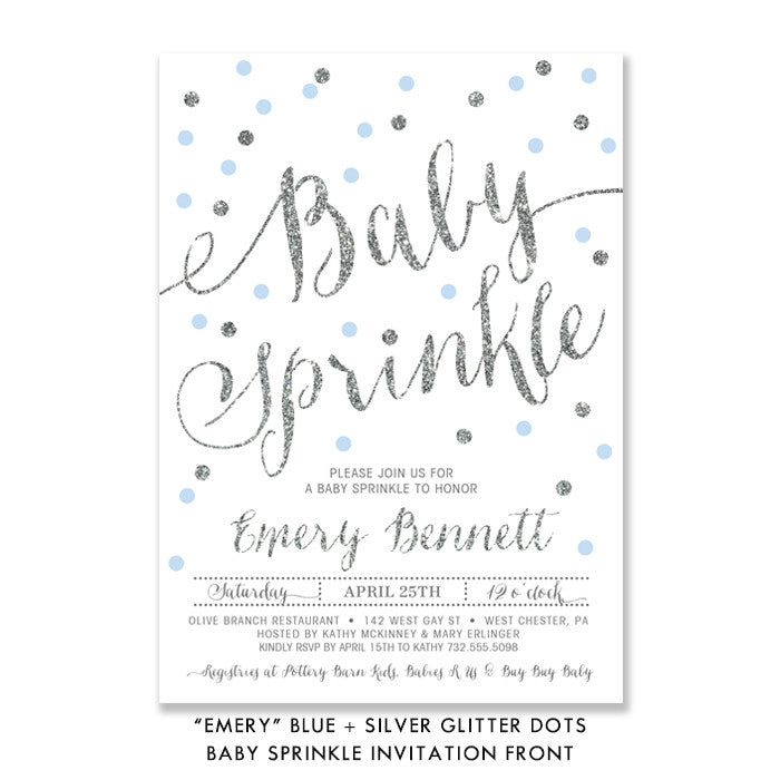 "Emery" Blue + Silver Glitter Dots Baby Sprinkle Invitation