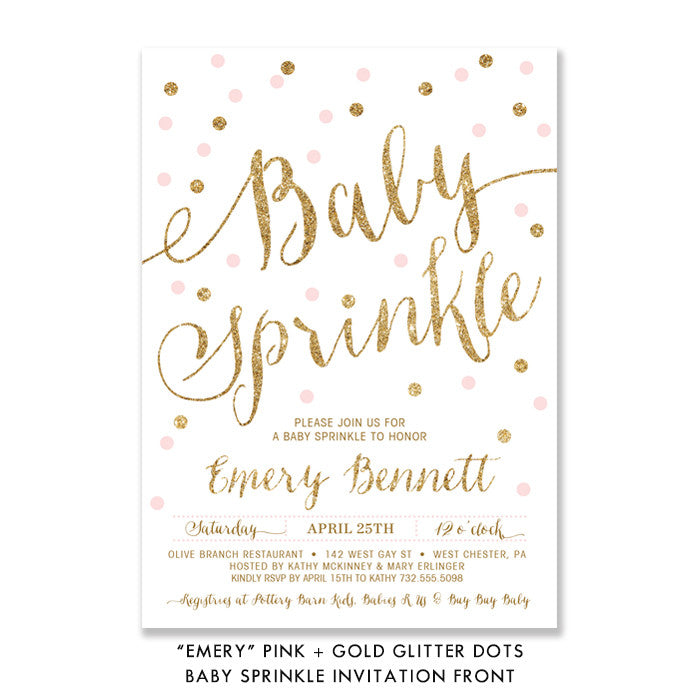 "Emery" Pink + Gold Glitter Dots Baby Sprinkle Invitation