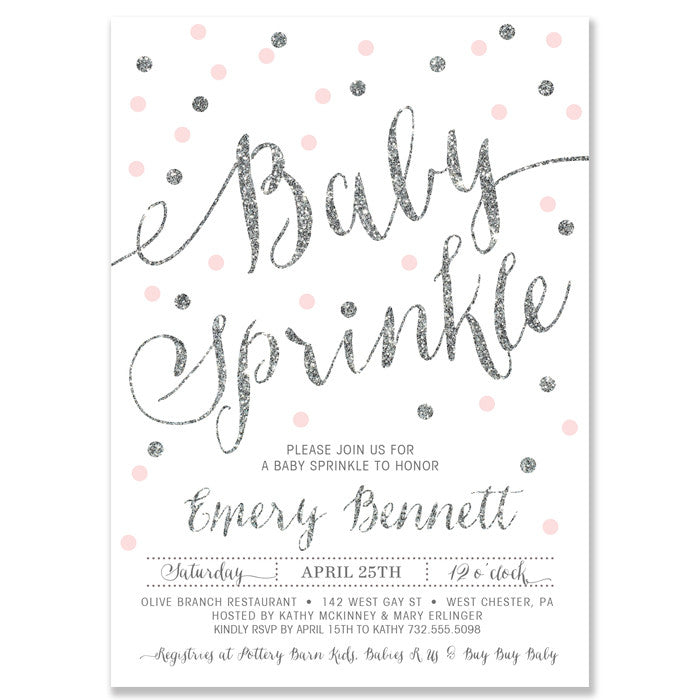 "Emery" Pink + Silver Glitter Dots Baby Sprinkle Invitation
