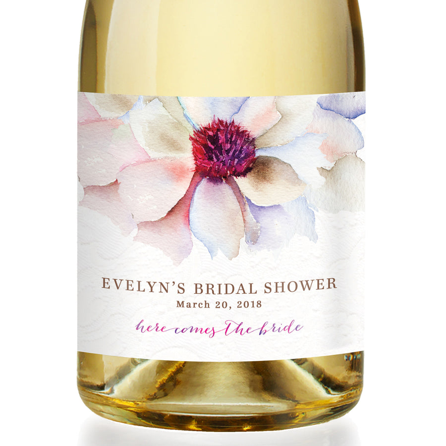 "Evelyn" Watercolor Bloom Bridal Shower Champagne Labels