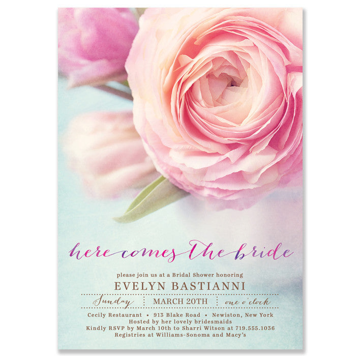 Elegant aqua and peonies bridal shower invitation, featuring a classic and modern design with blooming pink peonies.