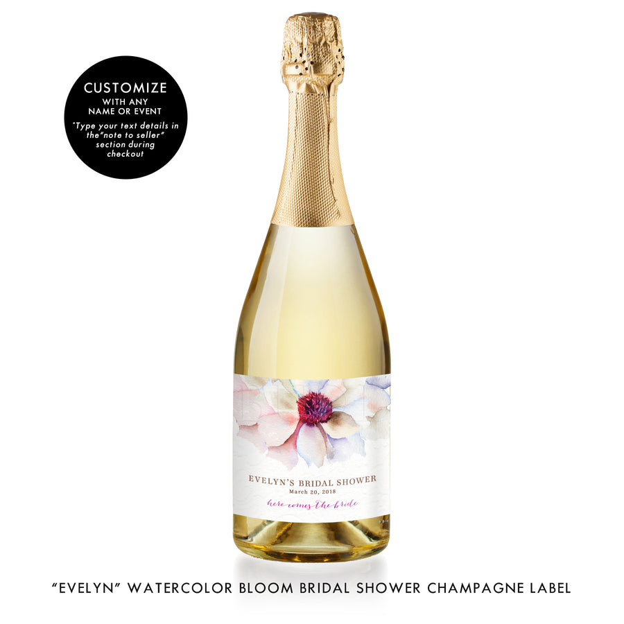 "Evelyn" Watercolor Bloom Bridal Shower Champagne Labels
