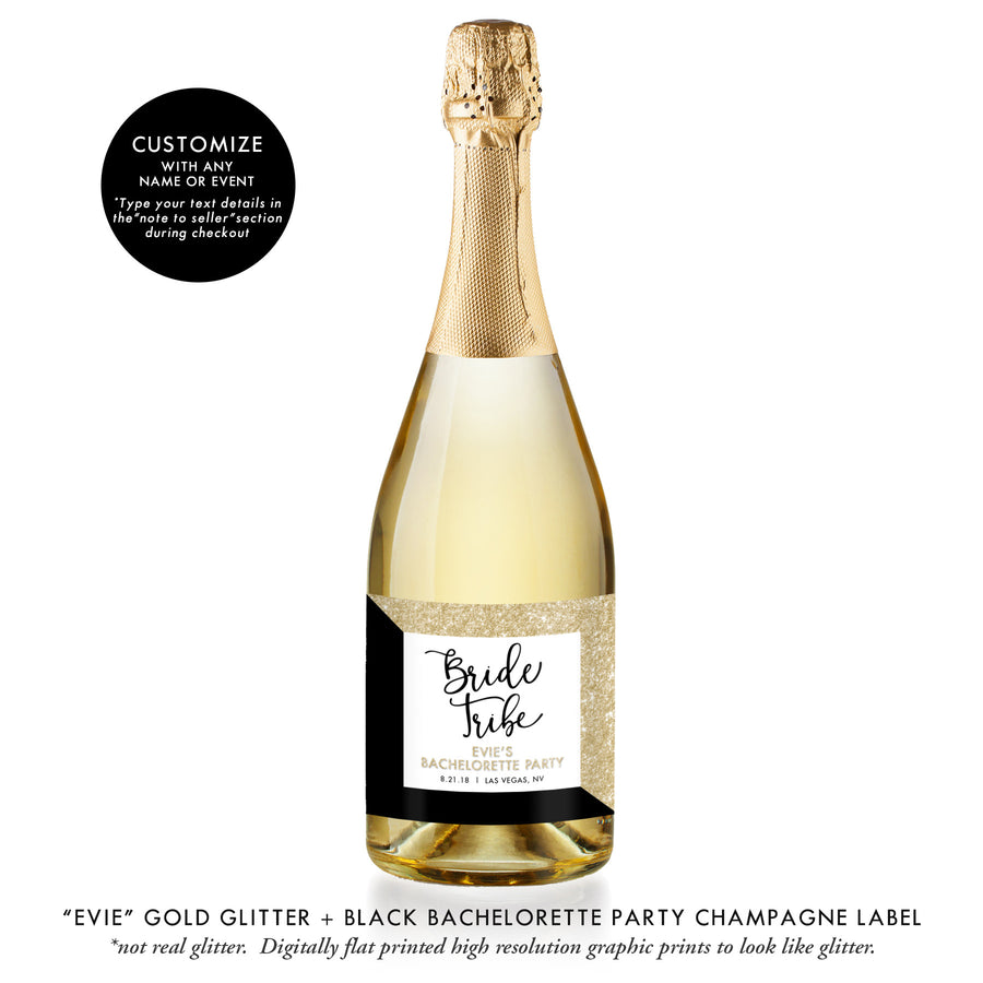 "Evie" Gold Glitter + Black Bachelorette Party Champagne Labels