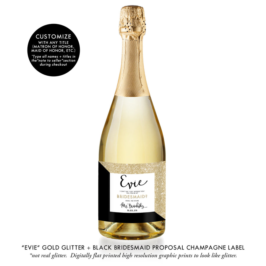 "Evie" Gold Glitter + Black Bridesmaid Proposal Champagne Labels