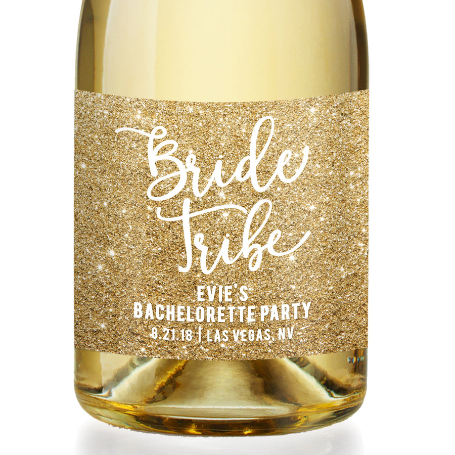"Evie" Gold Glitter Bachelorette Party Champagne Labels