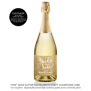 "Evie" Gold Glitter Bachelorette Party Champagne Labels