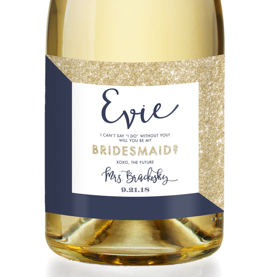 "Evie" Gold Glitter + Navy Bridesmaid Proposal Champagne Labels