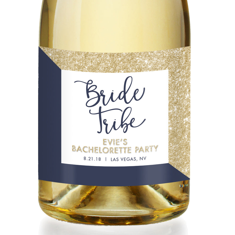 "Evie" Gold Glitter + Navy Bachelorette Party Champagne Labels