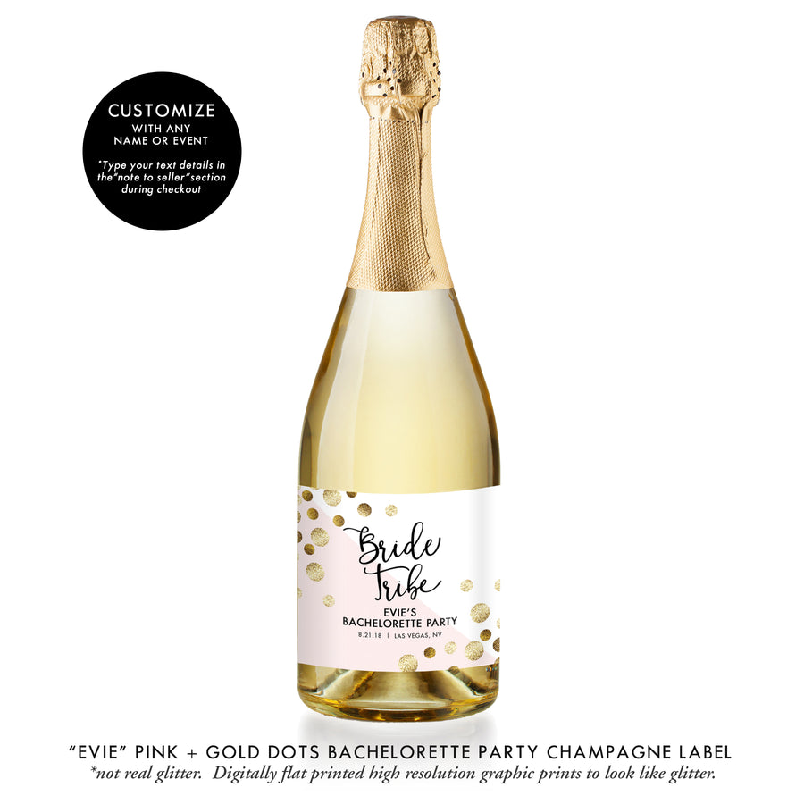 "Evie" Gold Glitter + Pink Bachelorette Party Champagne Labels