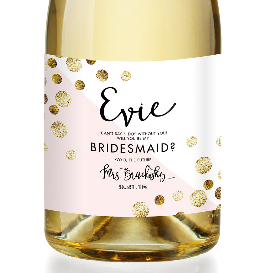 "Evie" Pink + Gold Dots Bridesmaid Proposal Champagne Labels