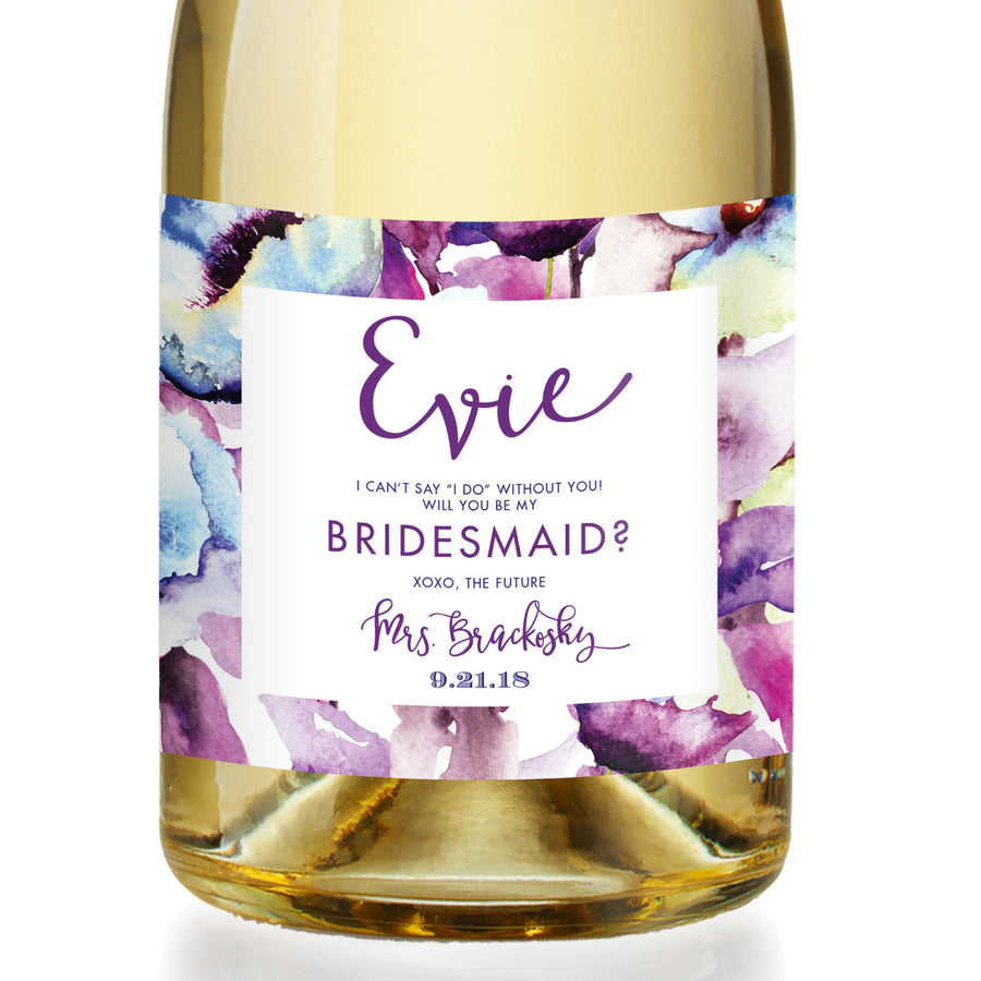 "Evie" Purple Floral Bridesmaid Proposal Champagne Labels